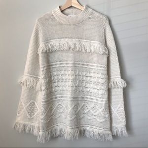 BB Dakota | Cream Knit Fringed Sweater with Bell Sleeves, L